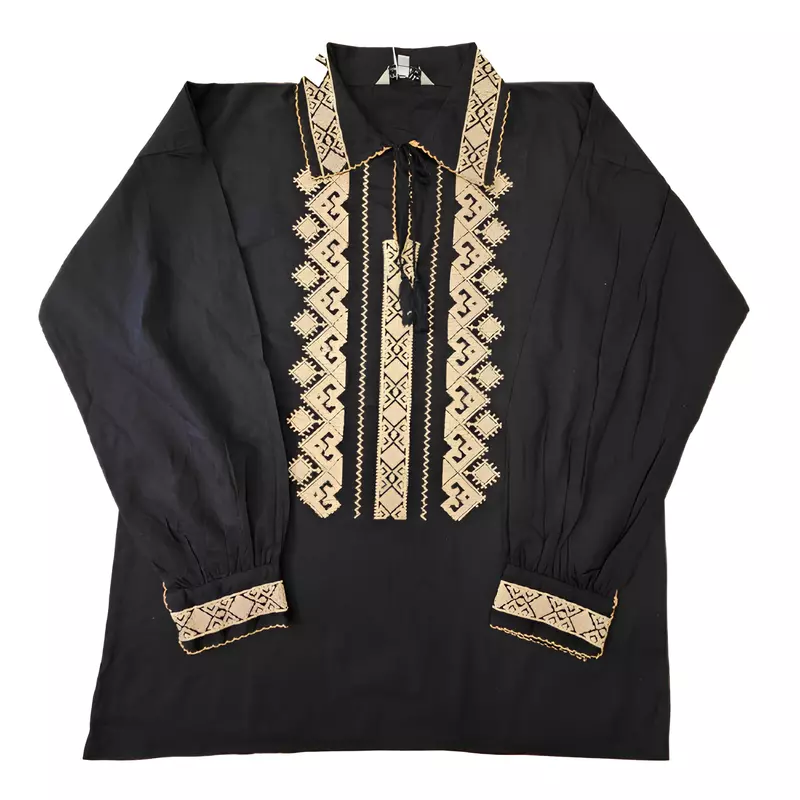 Camasa Barbateasca Traditionala Neagra cu Motiv Geometric Crem - CTI18
