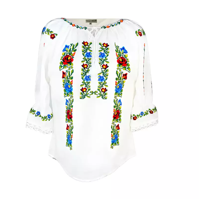 Ie Traditionala Alba cu Motiv Floral Rosu -IML12