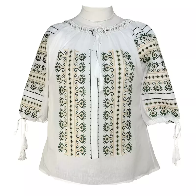 Ie Traditionala Alba cu Motiv Geometric Verde de Dama  - IMS27