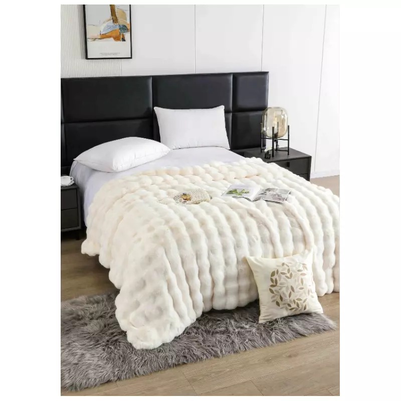 Patura Cocolino cu Blanita Artificiala de Iepure pentru Pat Dublu, Culoarea Untului - JOJ617