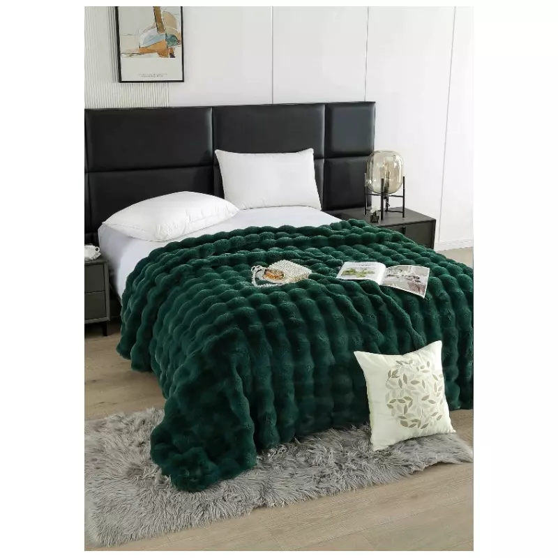 Patura Cocolino cu Blanita Artificiala de Iepure pentru Pat Dublu, Verde Inchis - JOJ622