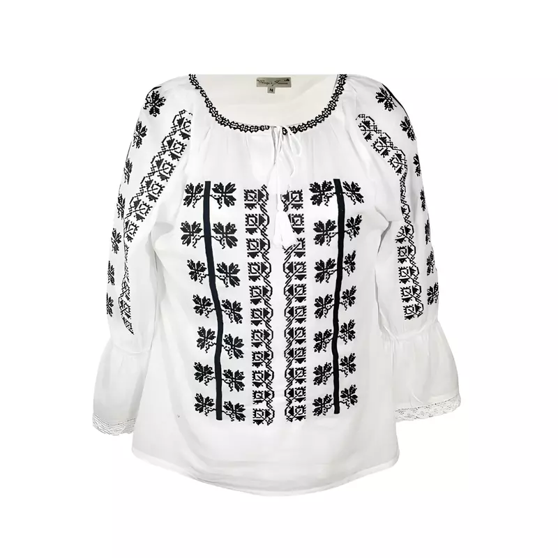 Ie Traditionala Alba cu Motiv Floral Negru- IML08