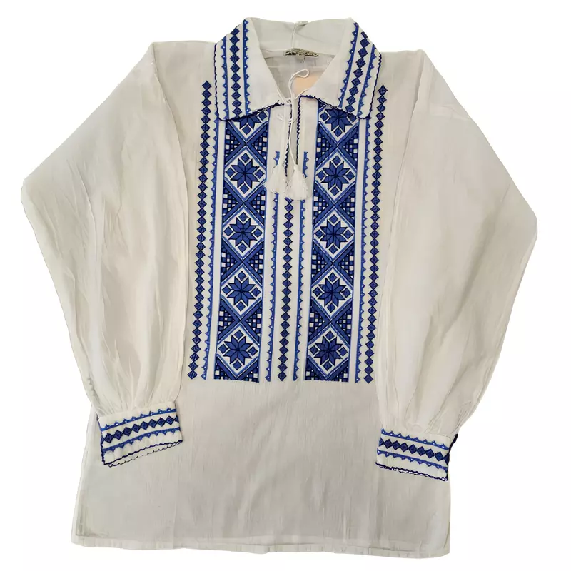 Camasa Tip Ie Barbateasca Alba cu Motiv Geometric Albastru - CTI12