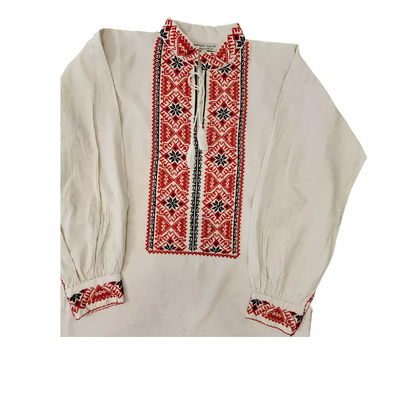 Camasa Tip Ie Barbateasca Traditionala Crem cu Motiv Geometric Rosu -CTI10