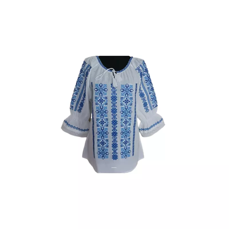 Bluza Tip Ie Traditionala Alba cu Motiv Geometric Albastru de Dama - IMS61