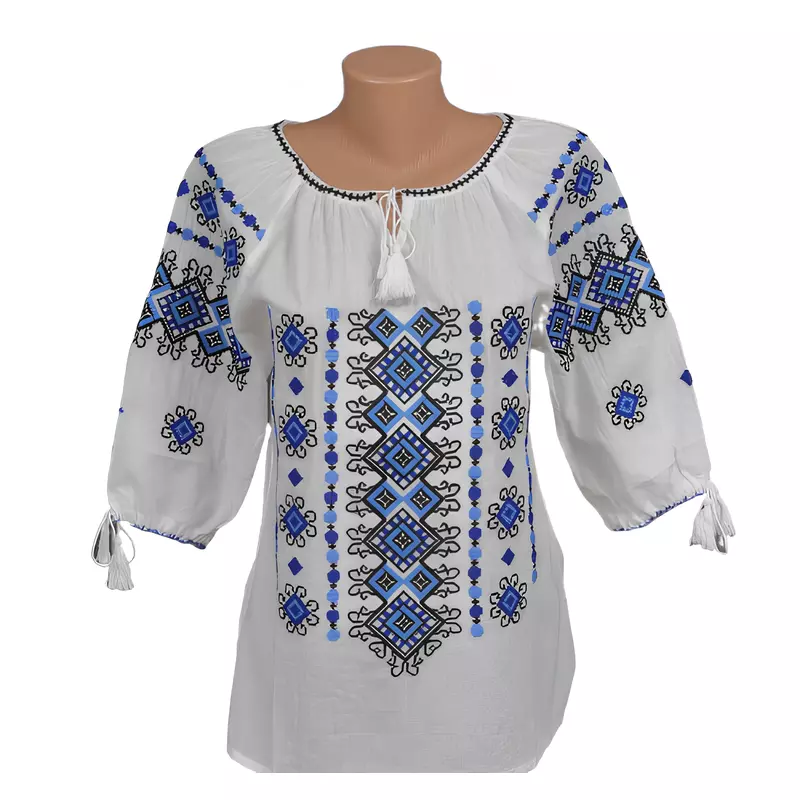 Bluza Tip Ie Traditionala Alba cu Motiv Geometric Albastru de Dama - IMS70