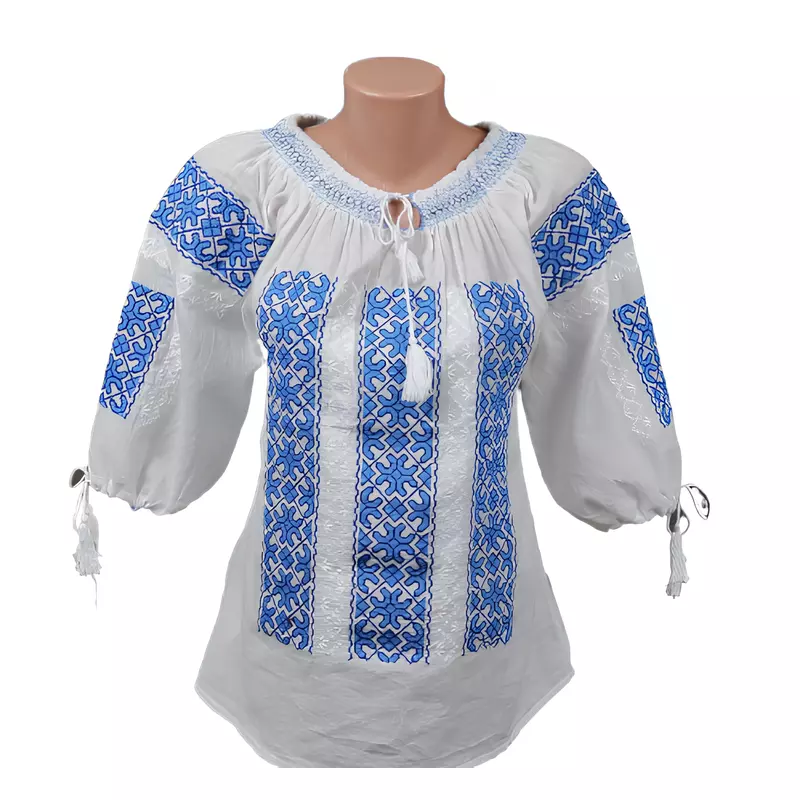Bluza Tip Ie Traditionala Alba cu Motiv Geometric Albastru de Dama - IMS76
