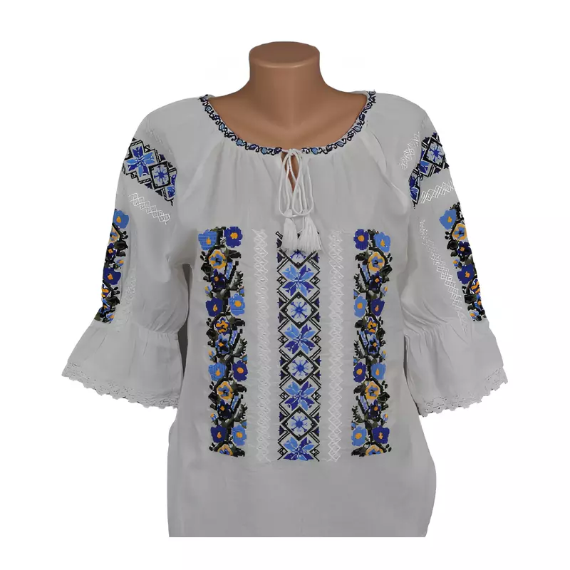 Bluza Tip Ie Traditionala Alba cu Motiv Floral Albastru de Dama - IMS80