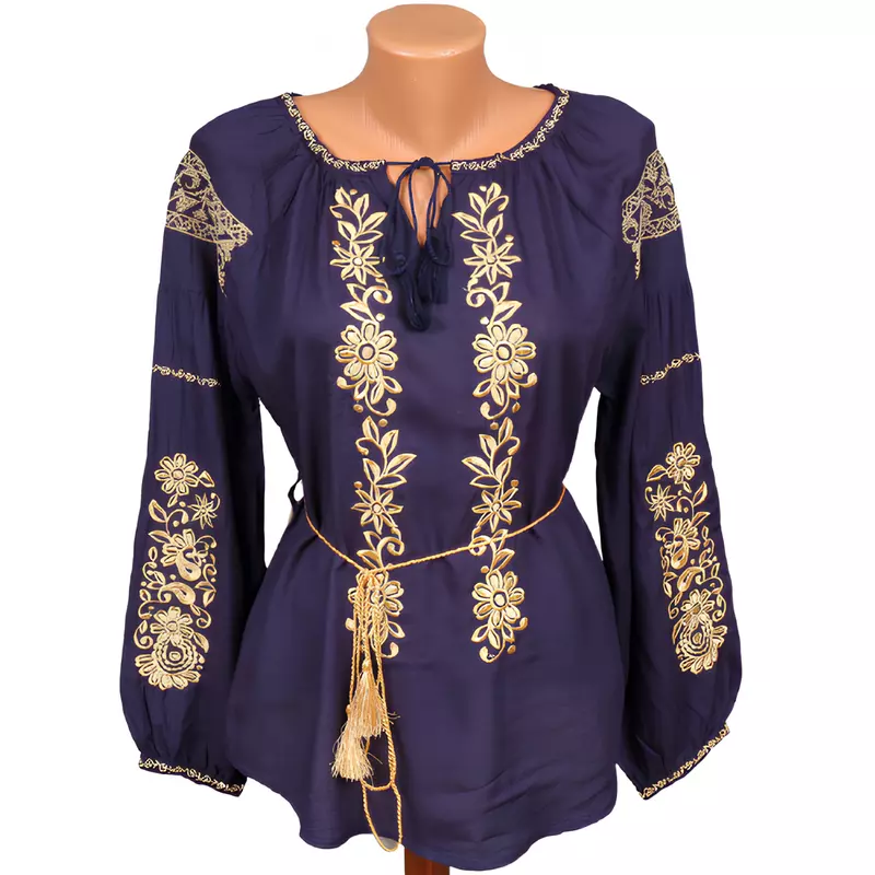 Bluza albastra cu motiv floral auriu - BMG123