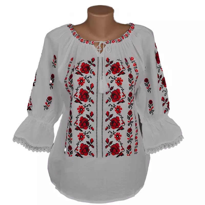 Bluza Tip Ie Traditionala Alba cu Motiv Floral Rosu de Dama - IMS96