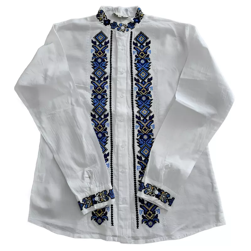 Camasa Barbateasca Traditionala Alba cu Motiv Geometric Albastru   - CTI21
