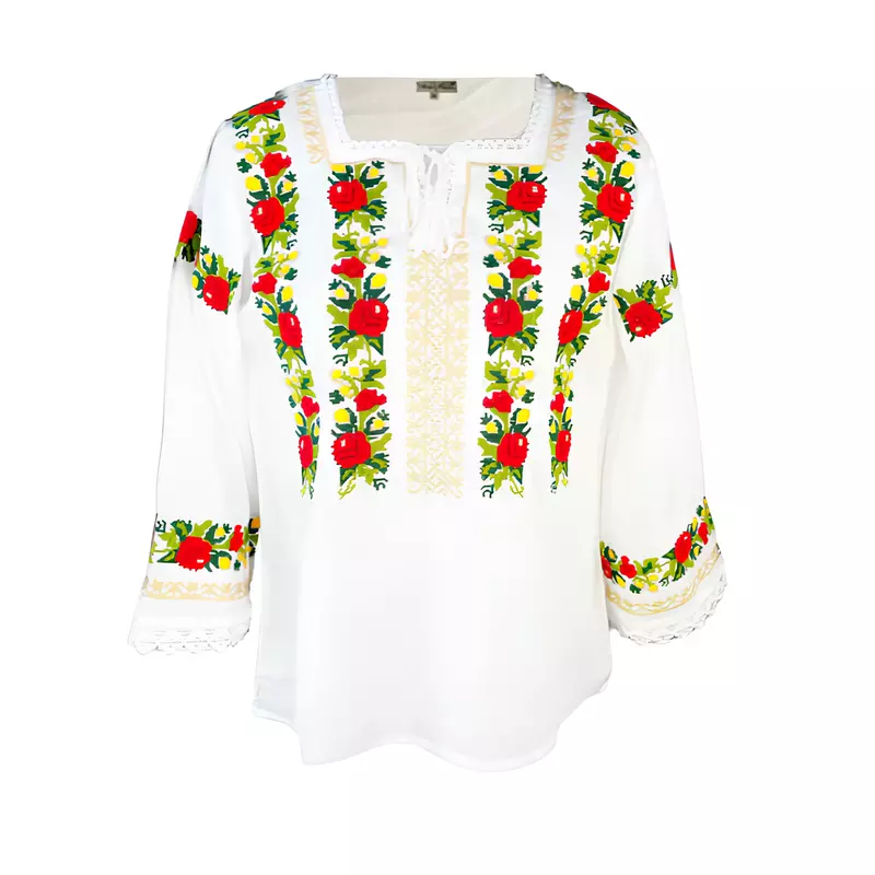 Bluza Tip Ie Alba cu Motiv Floral Rosu - BMG27