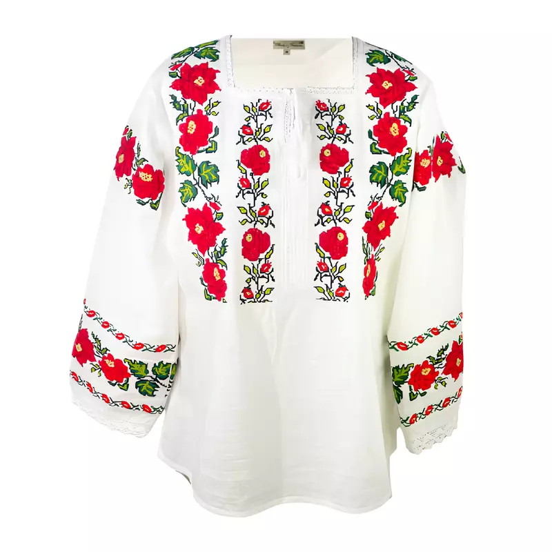 Bluza Tip Ie Alba cu Motiv Floral Rosu - BMG29