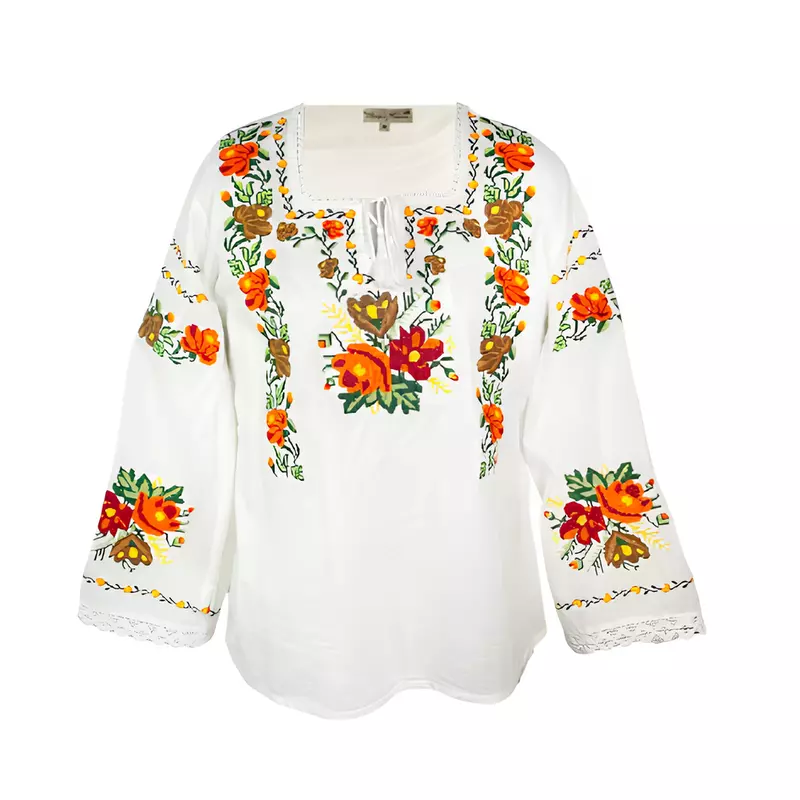 Bluza Alba cu Motiv Floral Multicolor - BMG109