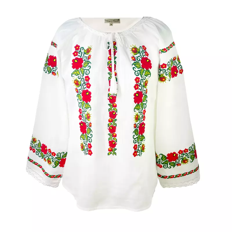 Bluza Alba cu Motiv Floral Rosu - BMG180