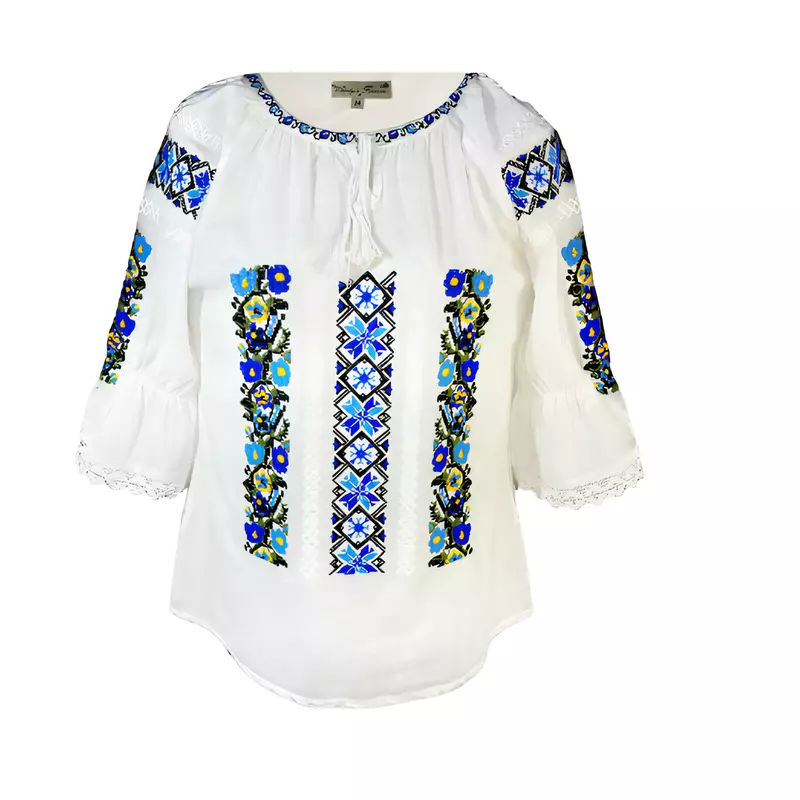 Bluza Tip Ie Alba cu Motiv Floral Albastru - BMG37