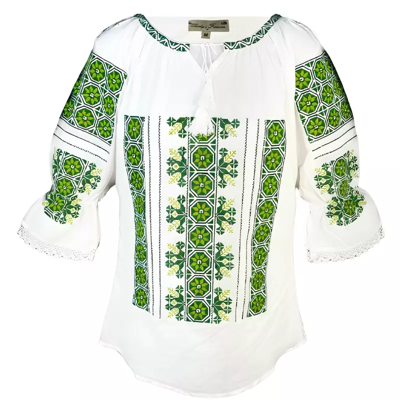 Bluza Tip Ie Traditionala Alba cu Motiv Floral Verde de Dama - IMS39