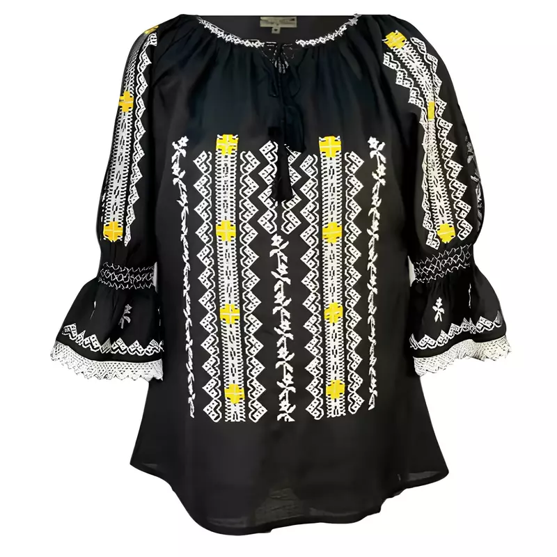 Ie Traditionala Neagra cu Motiv Geometric Alb de Dama  - IMS26