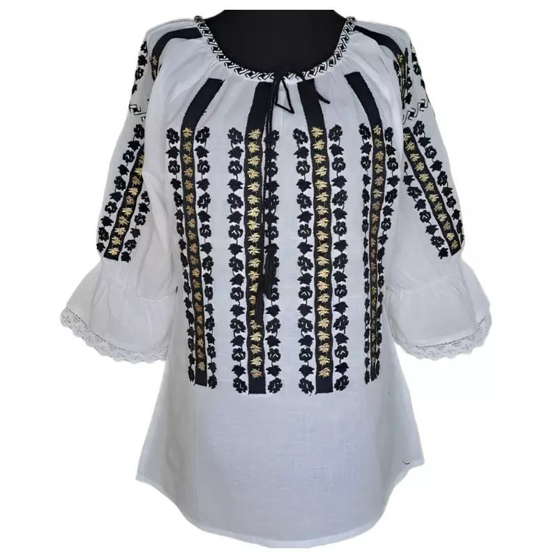 Bluza Tip Ie Traditionala Alba cu Motiv Floral Auriu de Dama - IMS36