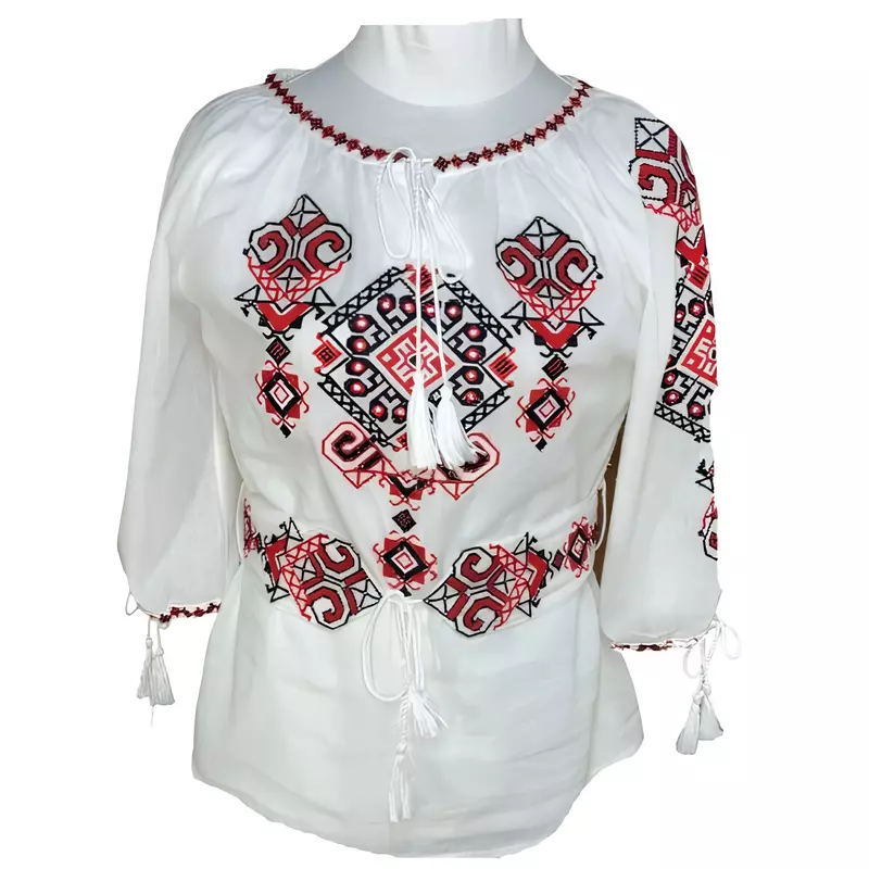 Bluza Tip Ie Traditionala Alba cu Motiv Geometric Rosu de Dama - IMS89