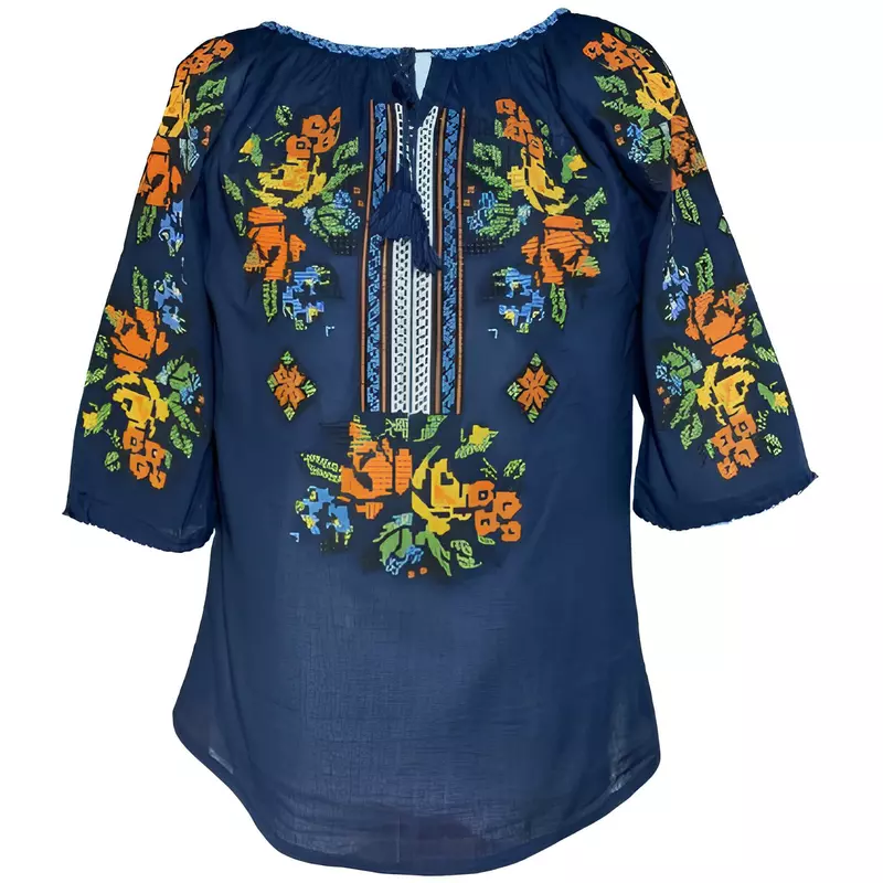 Bluza Tip Ie Traditionala Albastra cu Motiv Floral Multicolor de Dama - IMS54