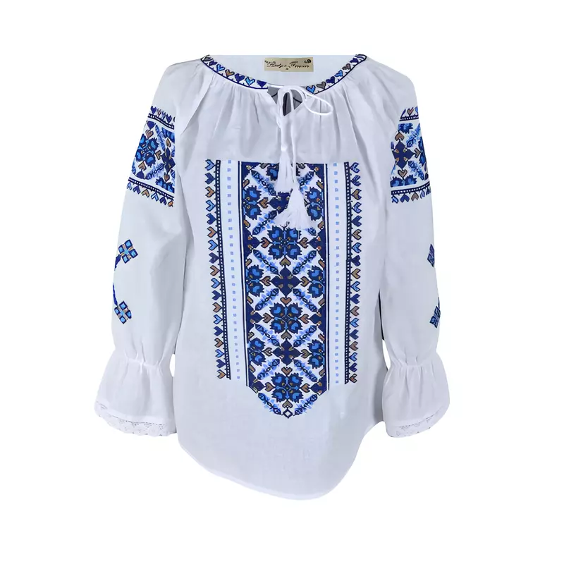 Bluza Tip Ie Alba cu Motiv Floral Albastru - BMG44
