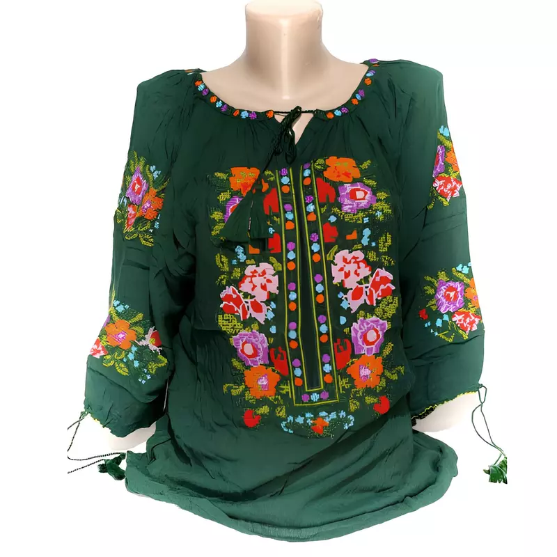Ie Traditionala Verde cu Motiv Floral Multicolor de Dama  - IMS24
