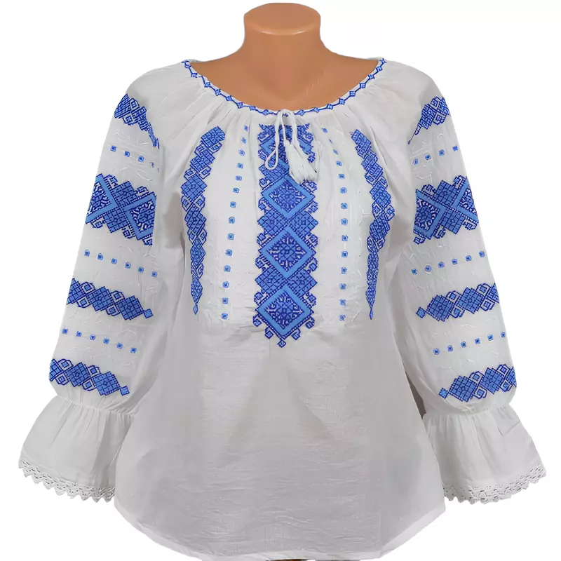 Bluza Tip Ie Traditionala Alba cu Motiv Geometric Albastru de Dama - IMS44