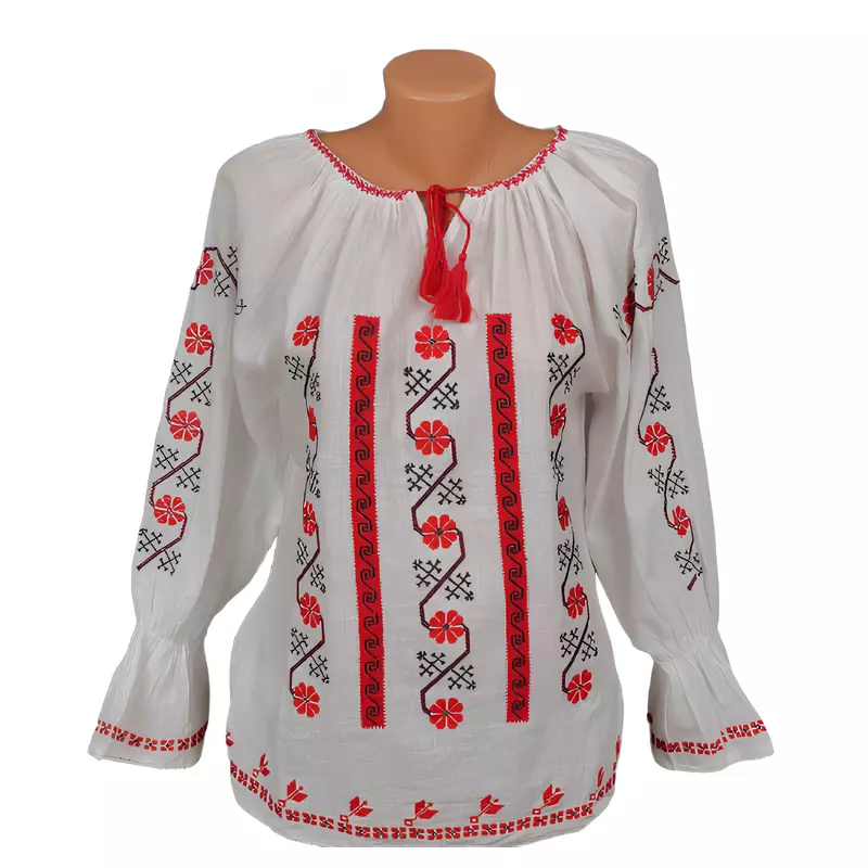 Bluza Tip Ie Traditionala Alba cu Motiv Floral Rosu de Dama - IMS77