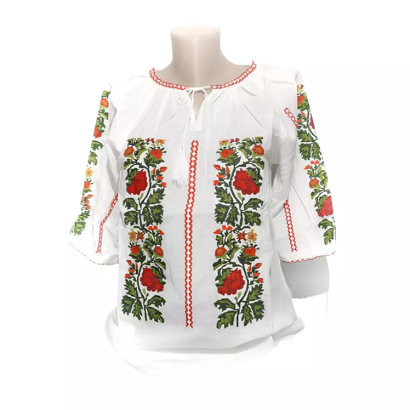 Bluza Tip Ie Traditionala Alba cu Motiv Floral Rosu de Dama - IMS81