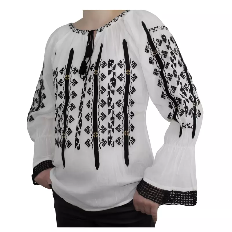 Bluza Tip Ie Alba cu Motiv Floral Negru - BMG43