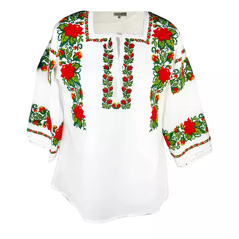 Bluza Tip Ie Alba cu Motiv Floral Rosu - BMG25