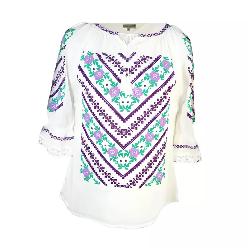 Bluza Tip Ie Traditionala Alba cu Motiv Floral Mov de Dama - IMS62