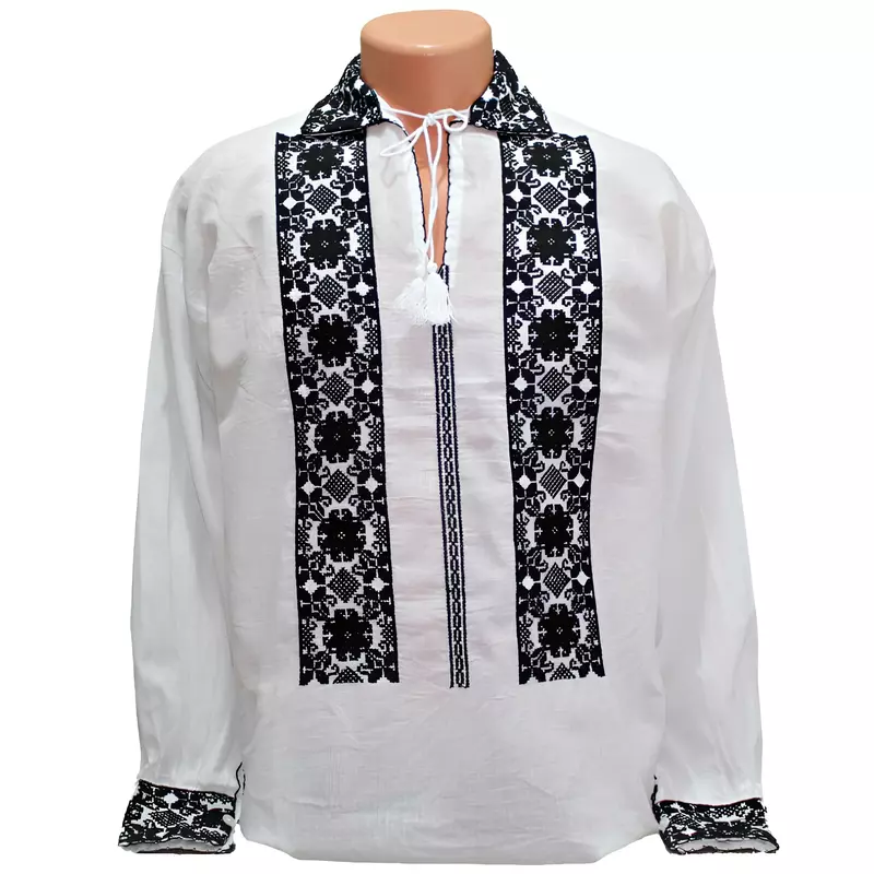 Camasa Barbateasca Traditionala Alba cu Motiv Floral Negru - CTI24