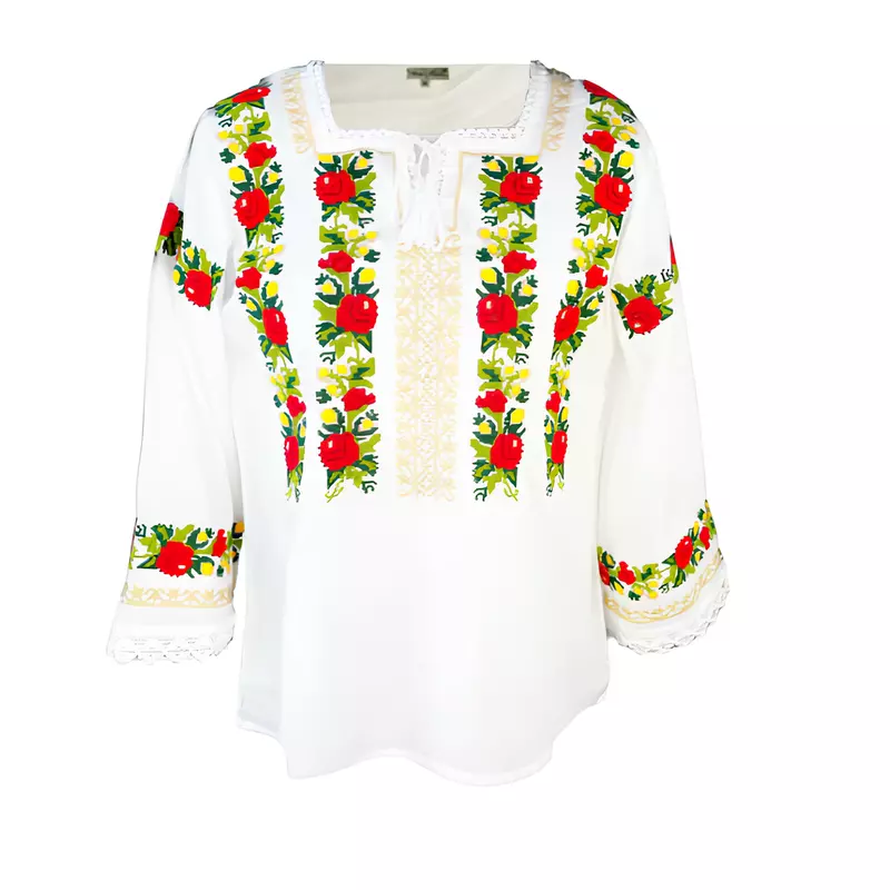 Bluza Tip Ie Alba cu Motiv Floral Rosu - BMG28