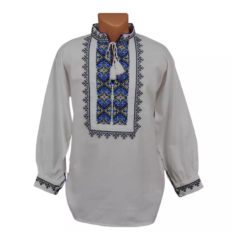 Camasa Barbateasca Traditionala Alba cu Motiv Geometric Albastru  - CTI27