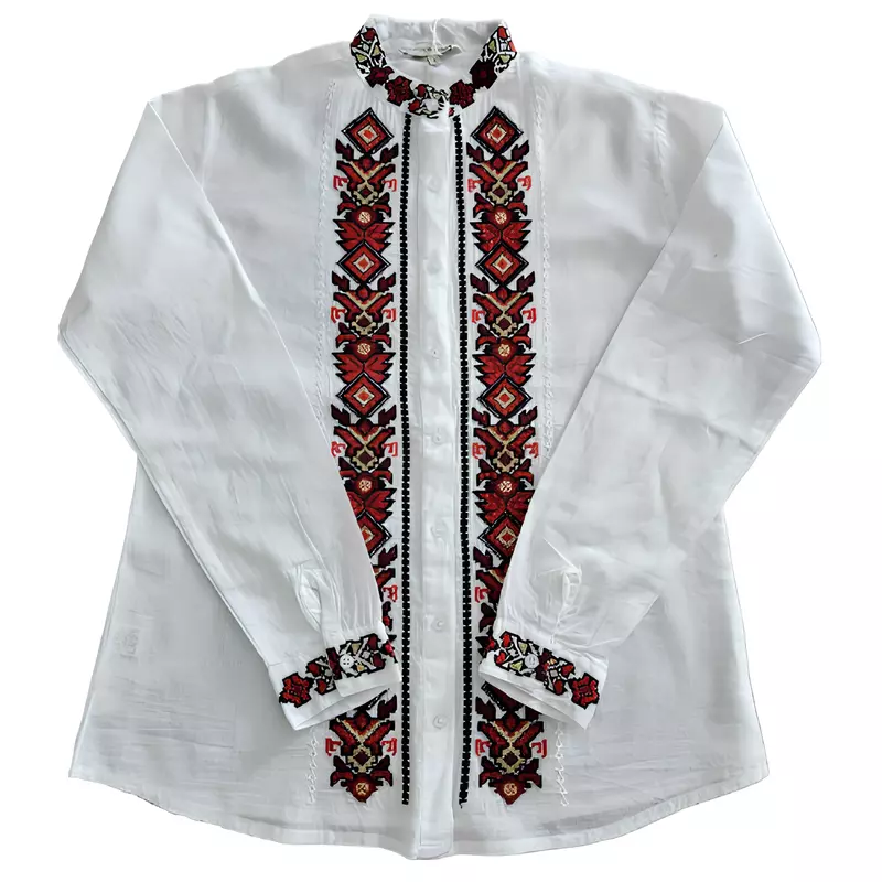 Camasa Barbateasca Traditionala Alba cu Motiv Geometric Rosu - CTI02