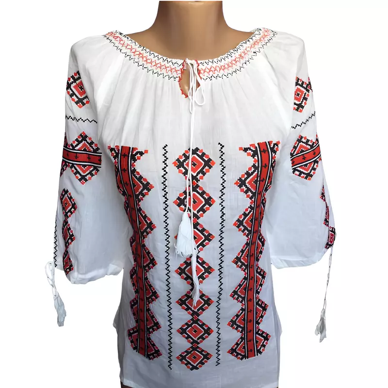 Bluza Tip Ie Traditionala Alba cu Motiv Geometric Rosu de Dama - IMS82