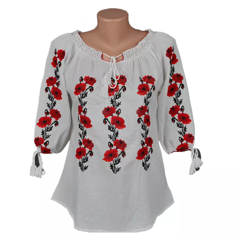 Bluza Tip Ie Traditionala Alba cu Motiv Floral Rosu de Dama - IMS83