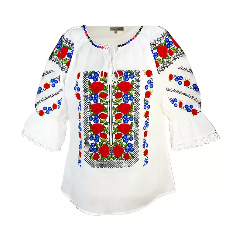 Bluza Tip Ie Traditionala Alba cu Motiv Floral Rosu de Dama - IMS57