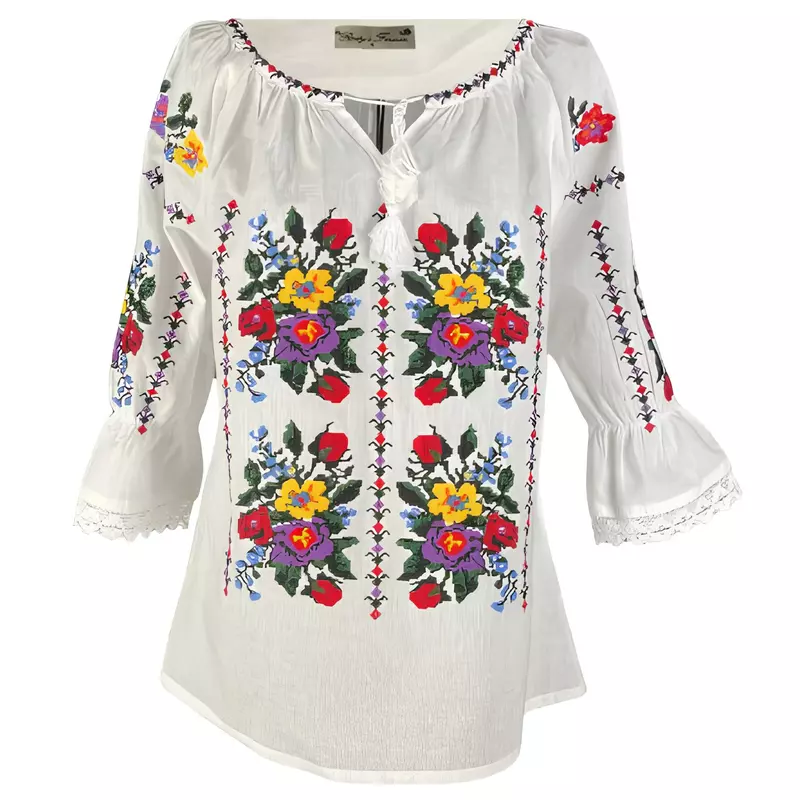 Ie Traditionala Alba cu Motiv Floral Multicolor de Dama - IMS03