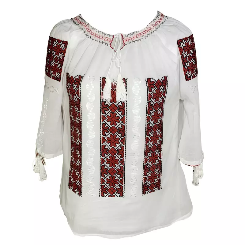 Bluza Tip Ie Traditionala Alba cu Motiv Geometric Rosu de Dama - IMS75