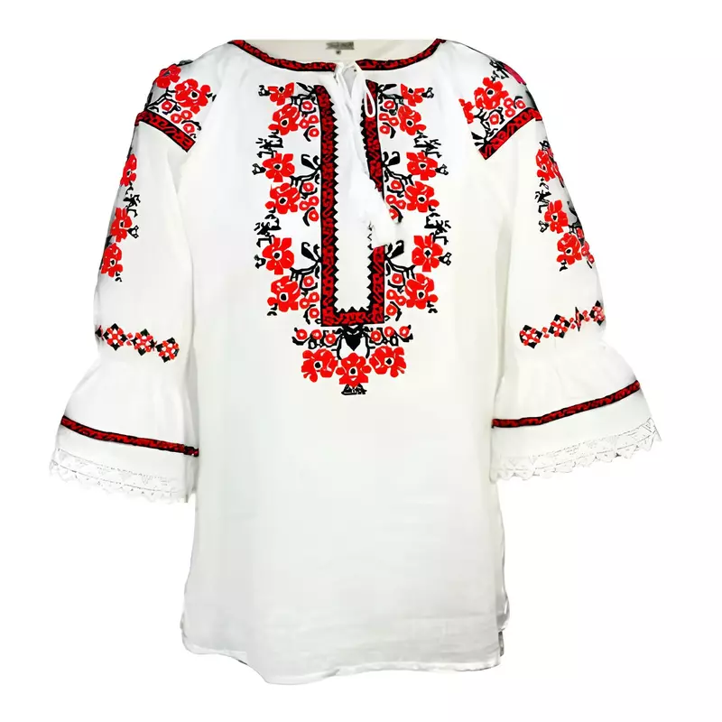Bluza Tip Ie Traditionala Alba cu Motiv Floral Rosu de Dama - IMS60