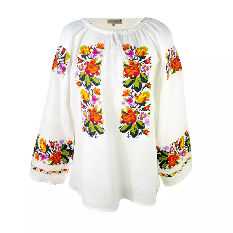 Ie Traditionala Alba cu Motiv Floral Multicolor- IML17