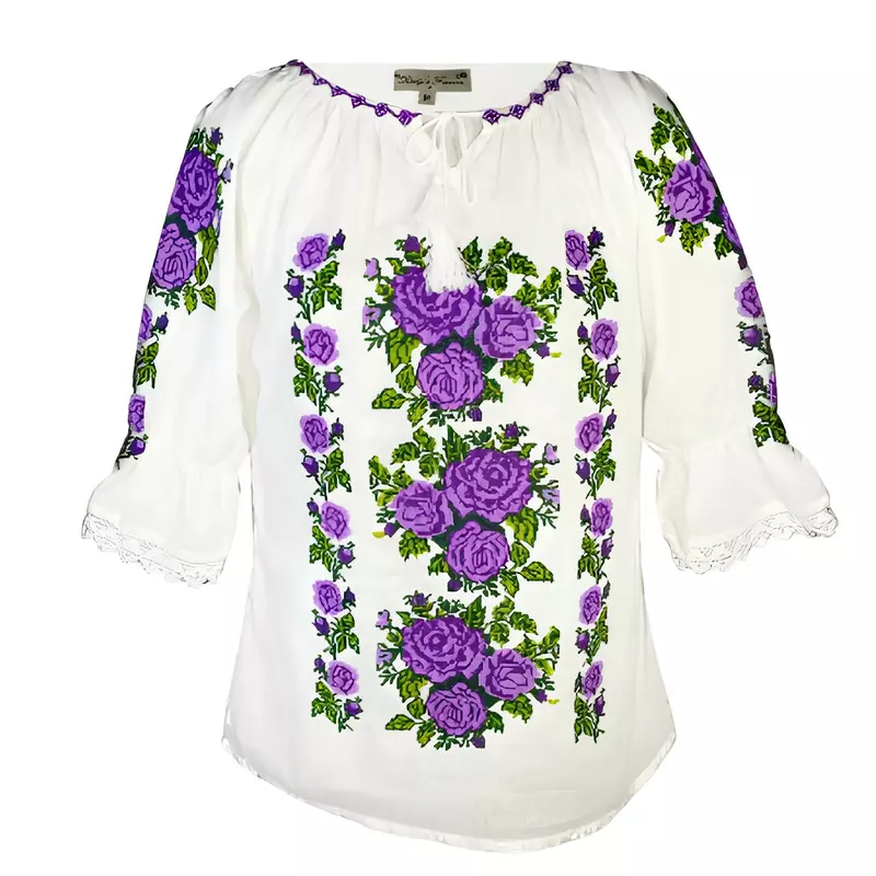 Bluza Tip Ie Traditionala Alba cu Motiv Floral Mov de Dama - IMS90