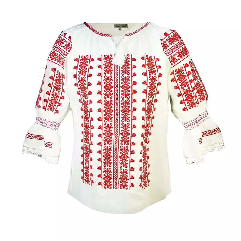 Bluza Tip Ie Traditionala Alba cu Motiv Floral Rosu de Dama - IMS122