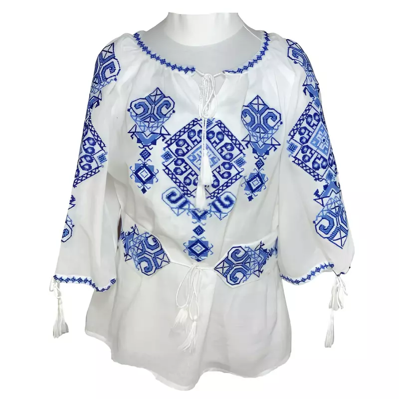 Bluza Tip Ie Traditionala Alba cu Motiv Geometric Albastru de Dama - IMS42
