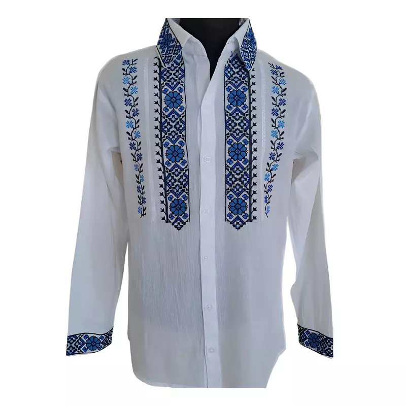 Camasa Barbateasca Traditionala Alba cu Motiv Floral Albastru - CTI03