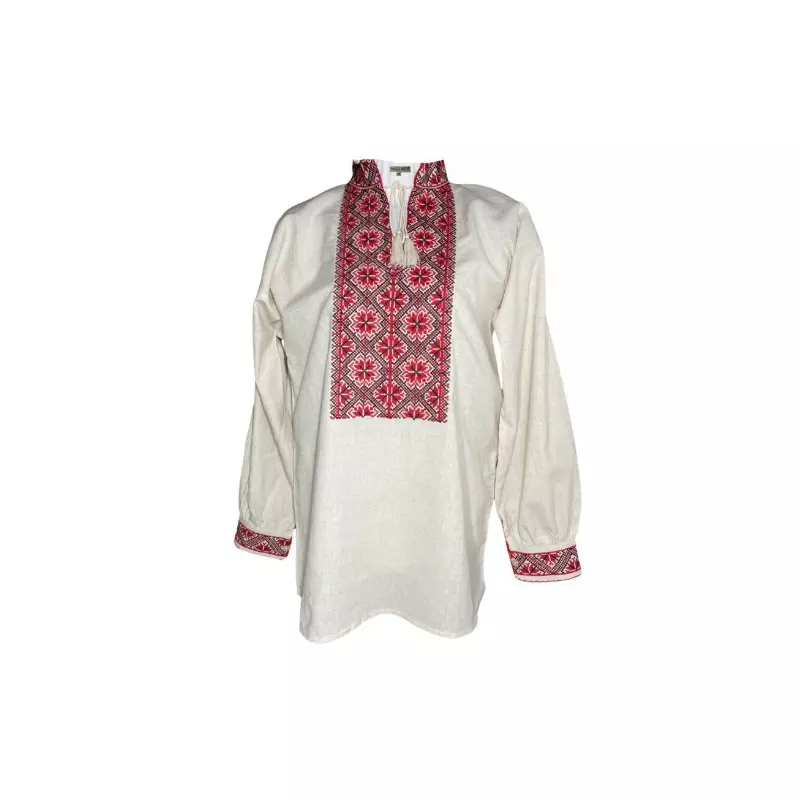 Camasa Barbateasca Traditionala Crem cu Motiv Floral Rosu  - CTI28