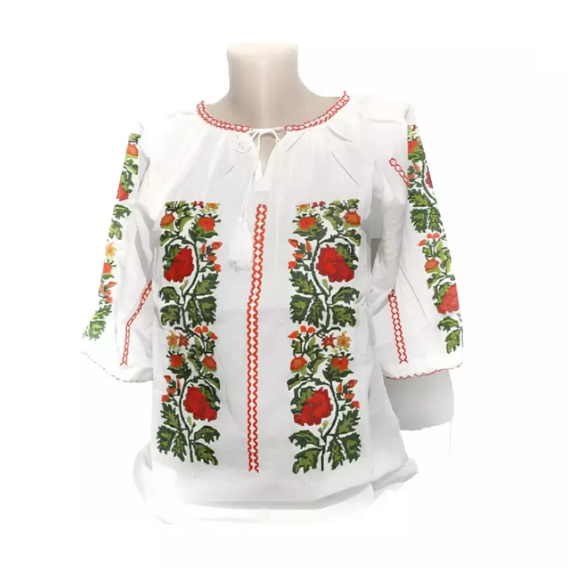Bluza Tip Ie Traditionala Alba cu Motiv Floral Rosu de Dama - IMS81